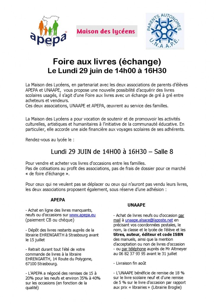 Foire echange de livres 2015 Flyer Apepa Unaape + MDL